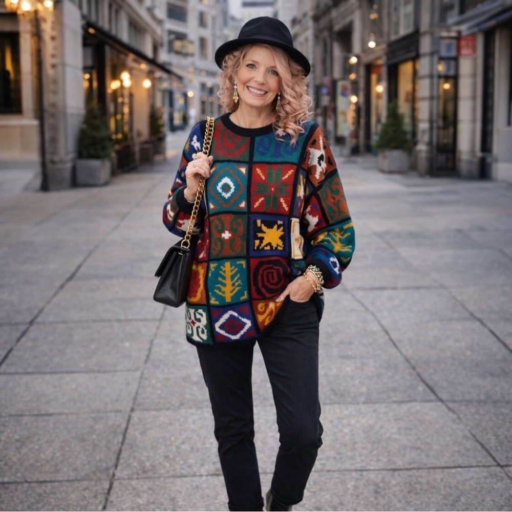 Vintage 90s Brontë Bold Knit Sweater M Oversized Patchwork Ramie Cotton